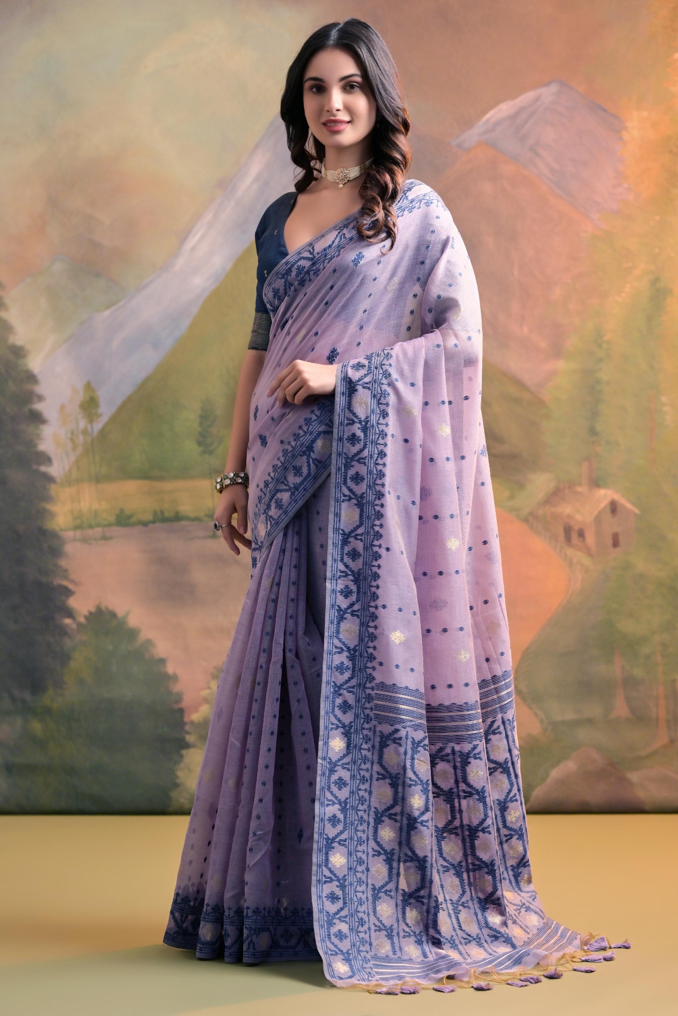 Lavender Jamdani Muga Cotton Saree