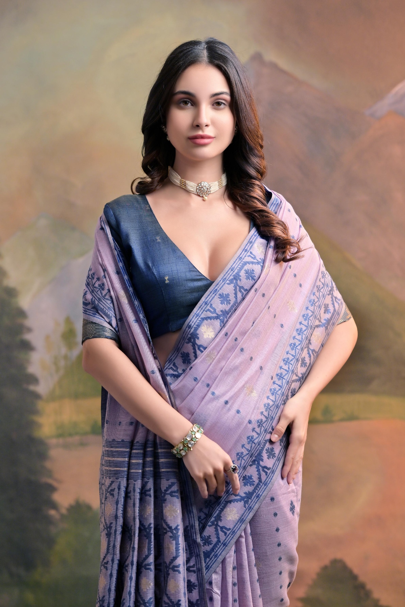 Lavender Jamdani Muga Cotton Saree — alternate view