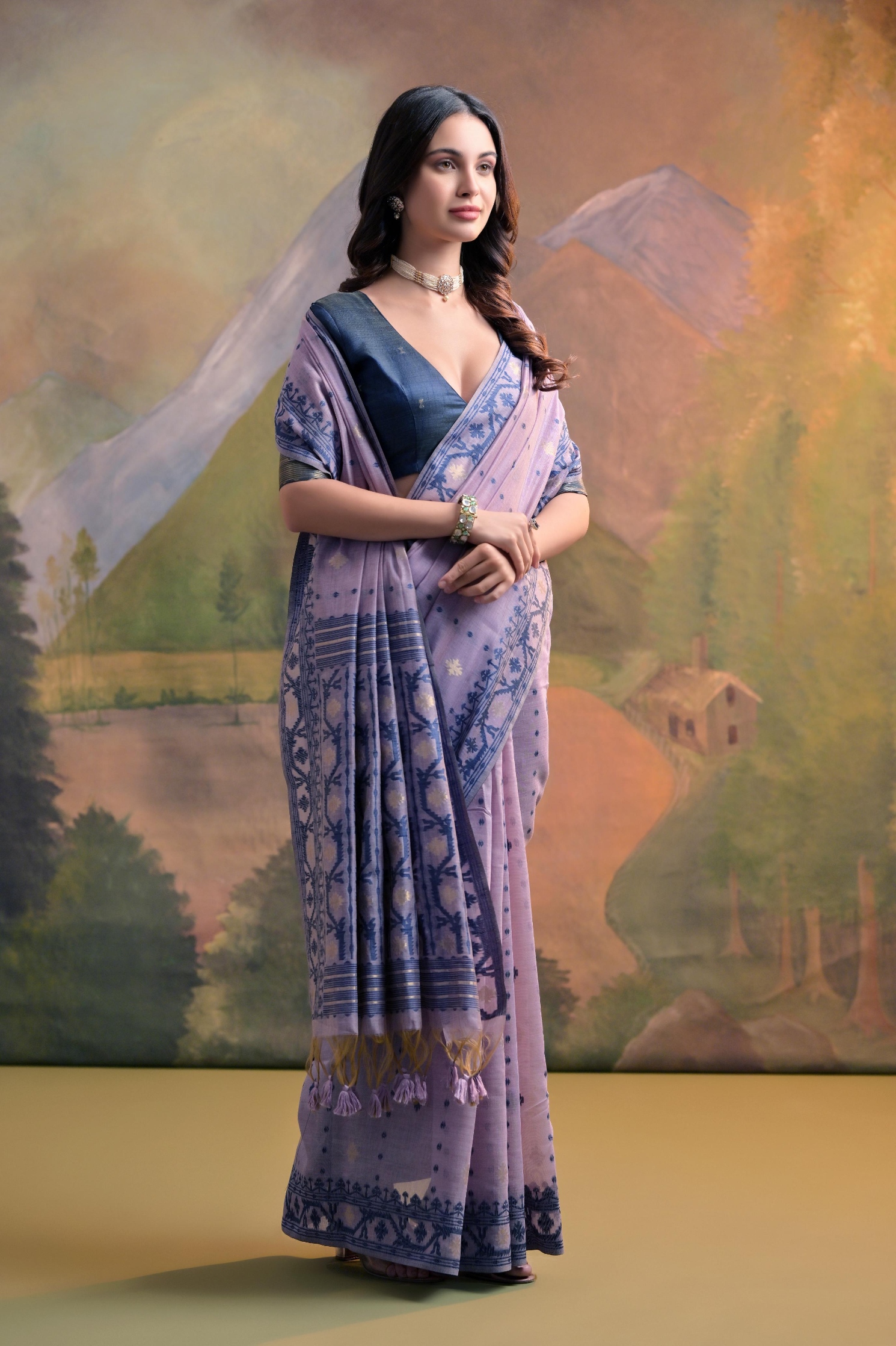 Lavender Jamdani Muga Cotton Saree
