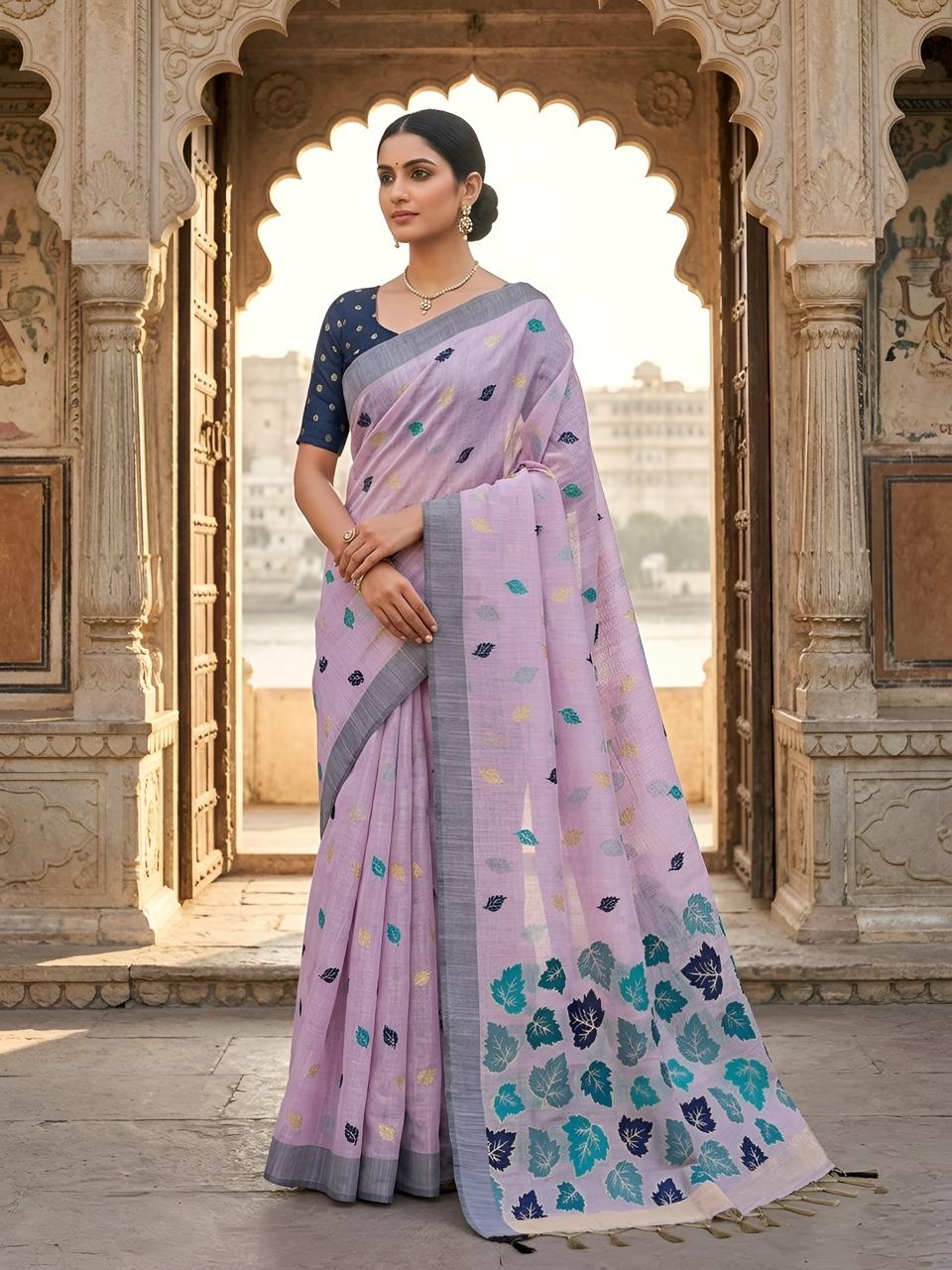 Lavender Leaf Motif Woven Linen Saree