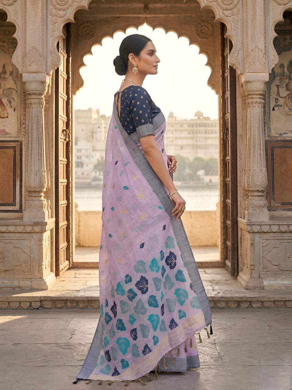 Lavender Leaf Motif Woven Linen Saree — alternate view