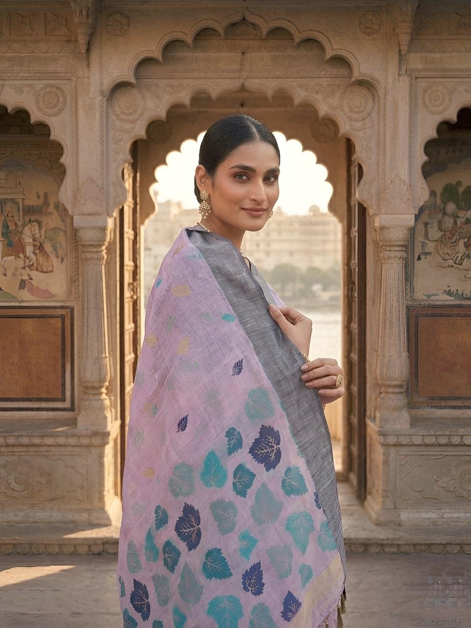 Lavender Leaf Motif Woven Linen Saree