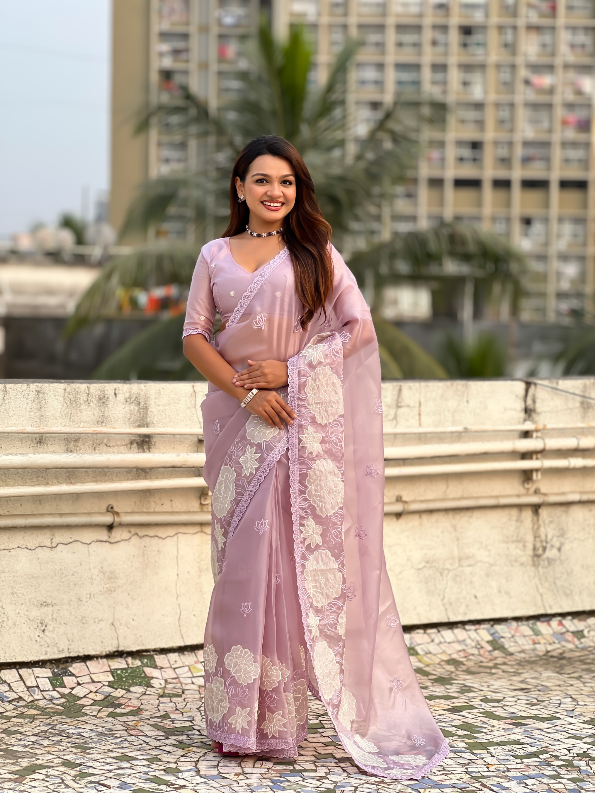 Lavender Lotus Embroidery Oris Silk Saree