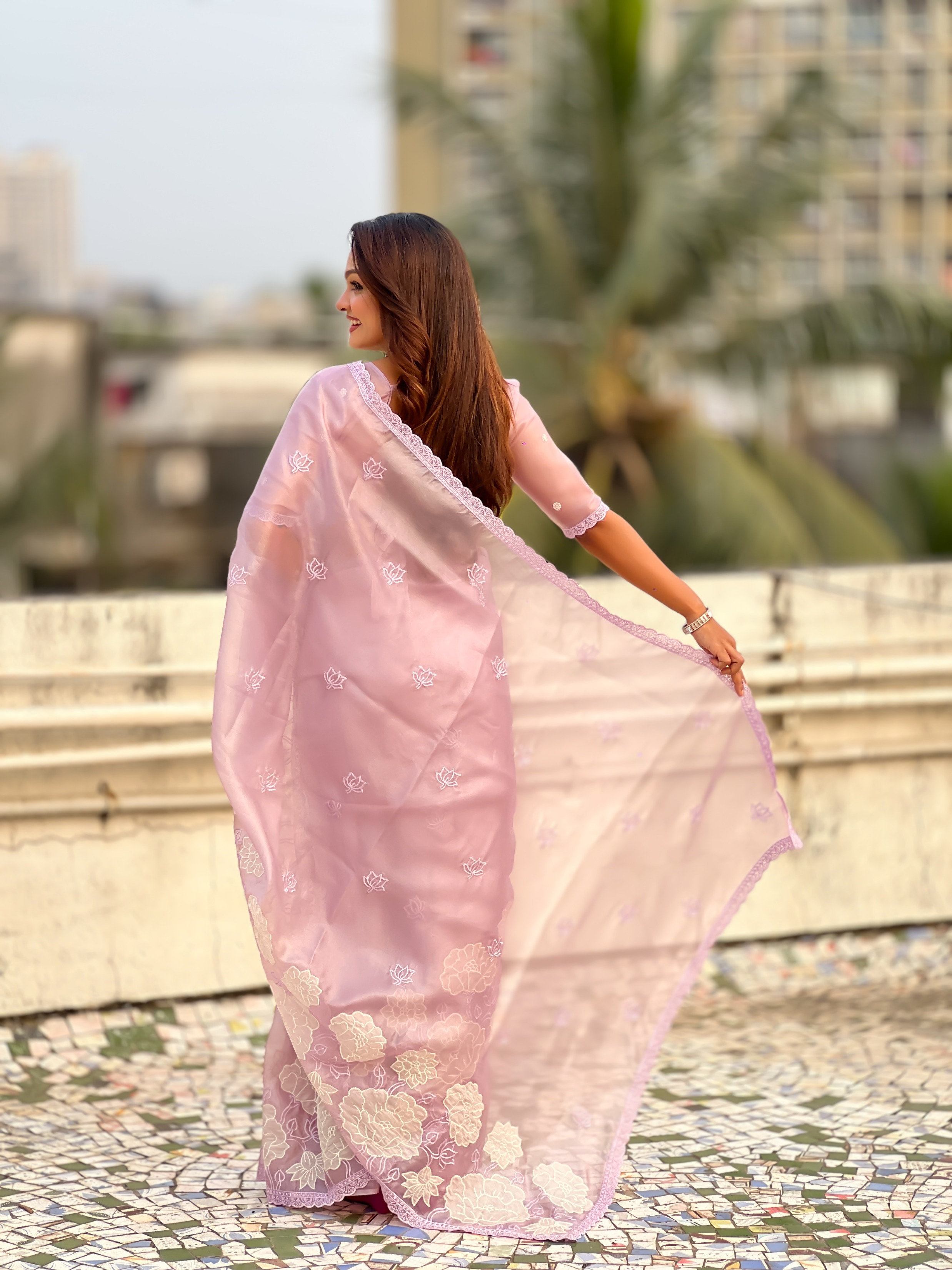Lavender Lotus Embroidery Oris Silk Saree — alternate view