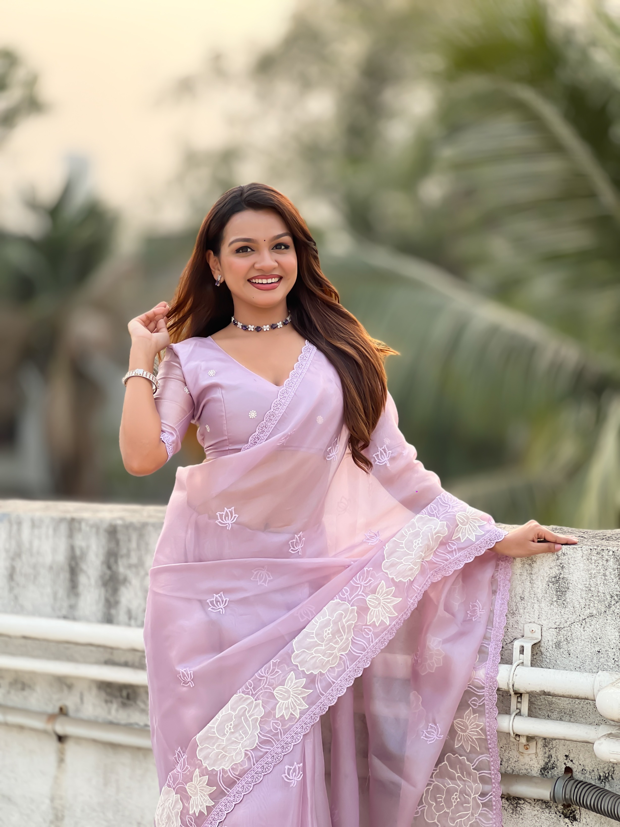 Lavender Lotus Embroidery Oris Silk Saree