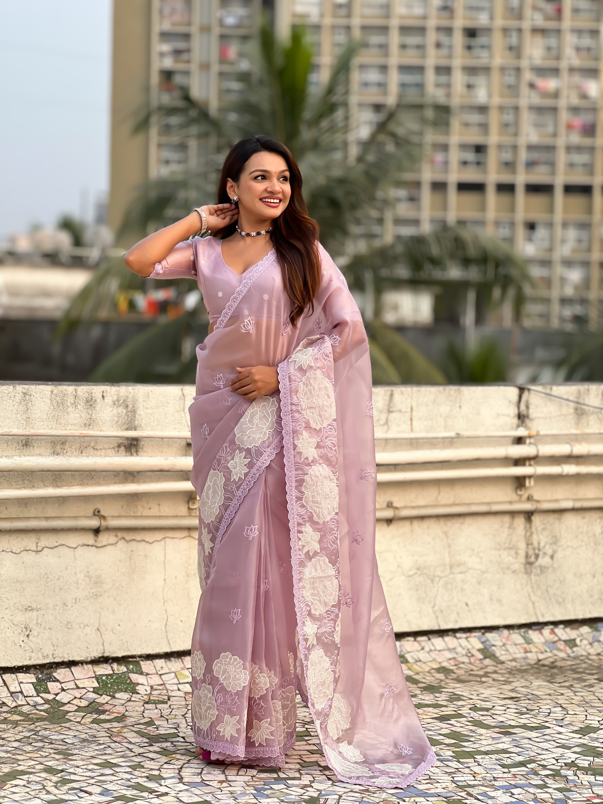 Lavender Lotus Embroidery Oris Silk Saree