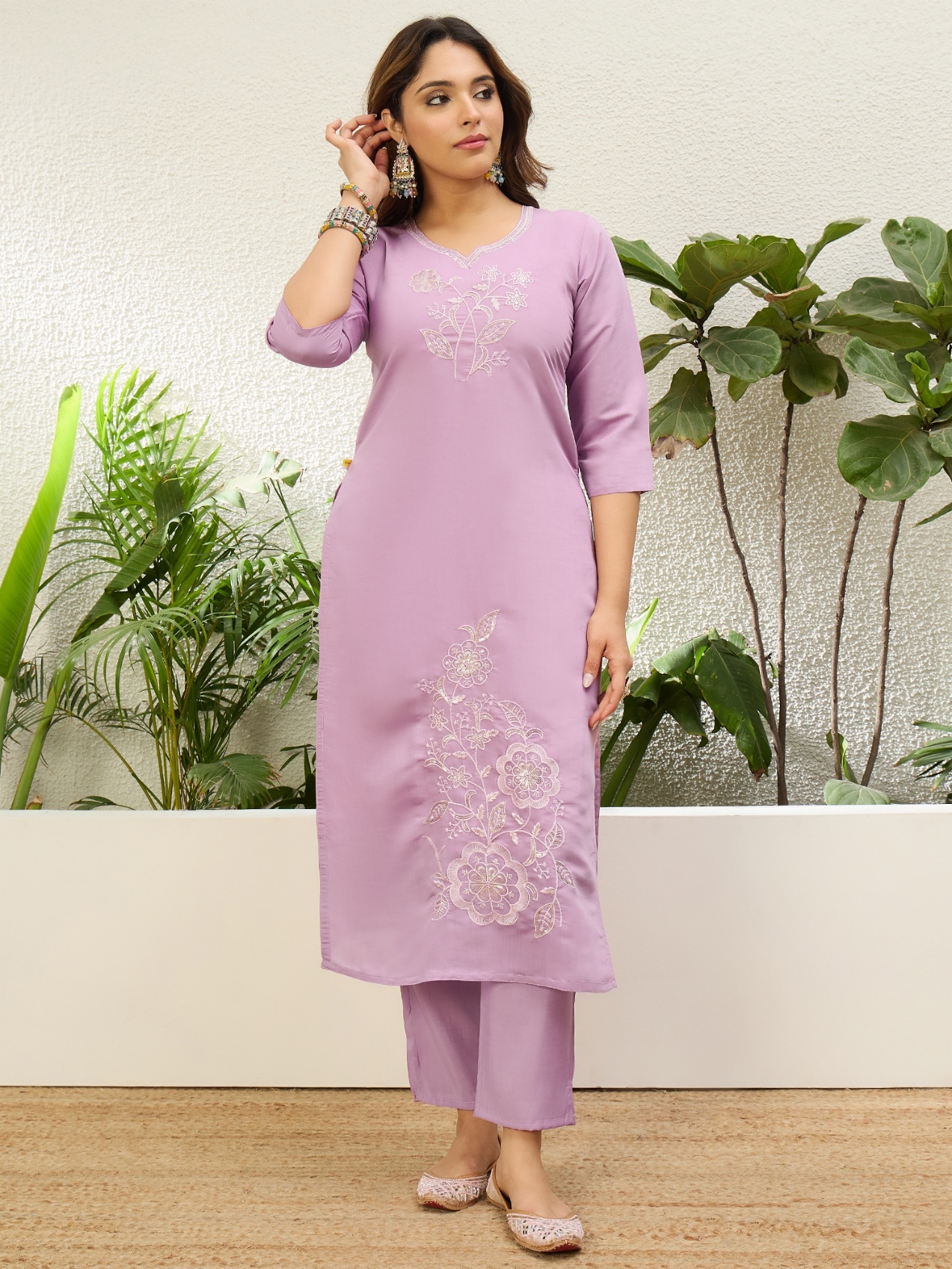 Lavender Mughal Embroidered Roman Silk Kurta Set