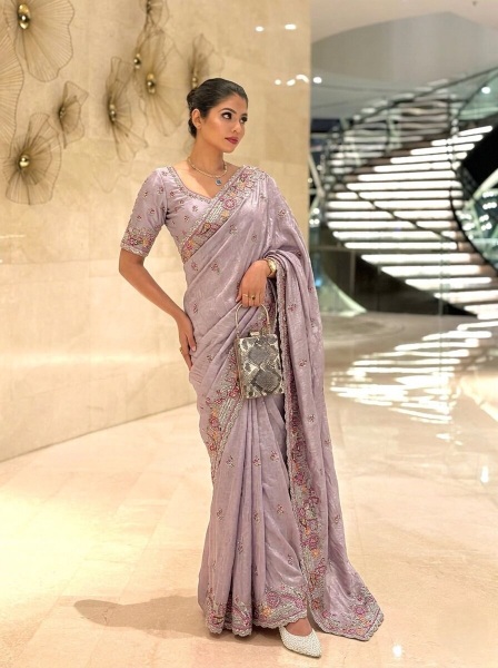 Lavender Mughal Embroidered Soft Tissue Chiffon Saree — alternate view