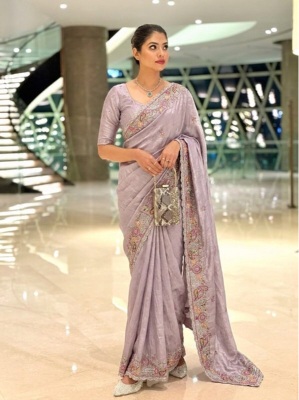 Lavender Mughal Embroidered Soft Tissue Chiffon Saree