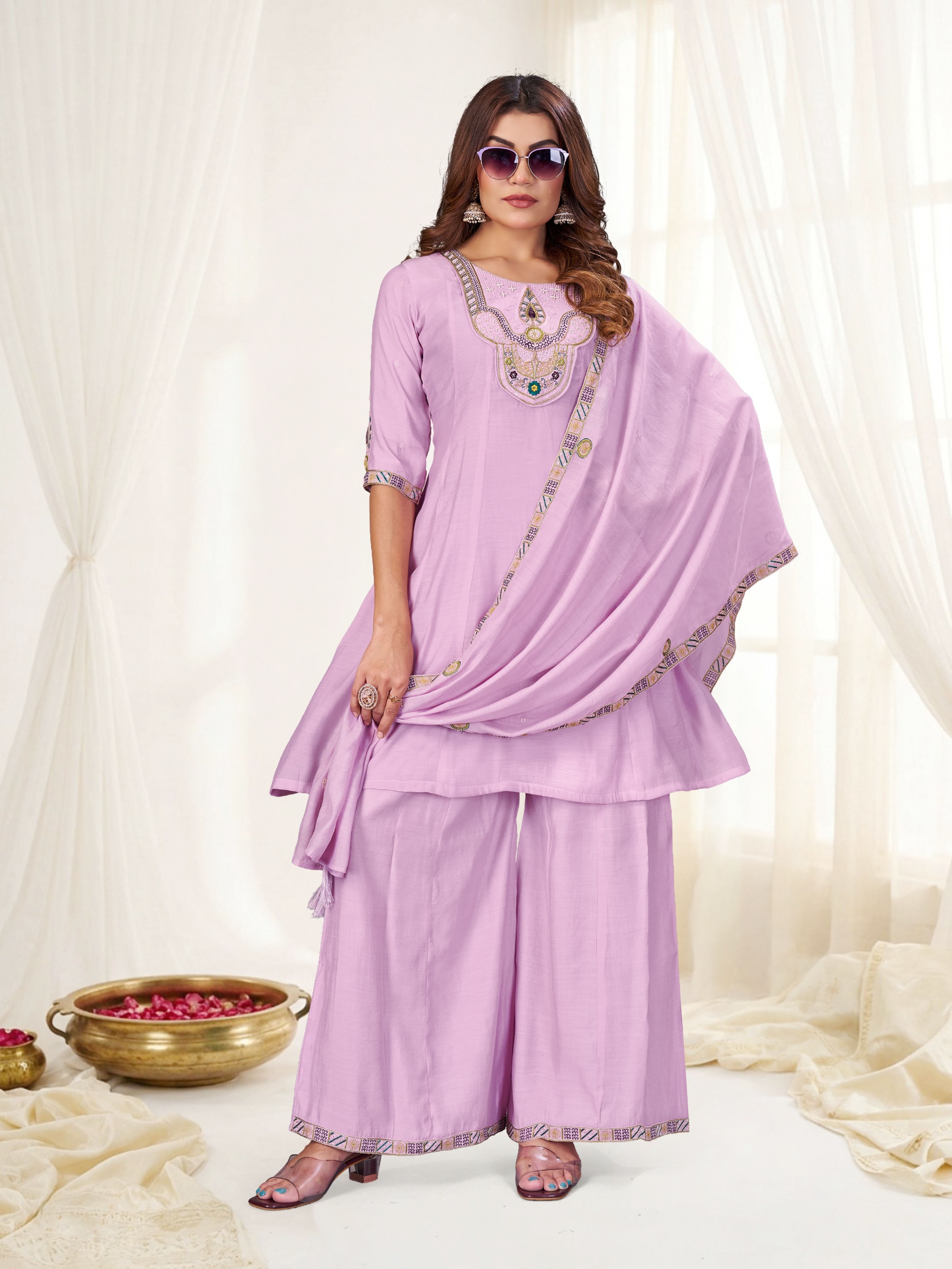 Lavender Multi-Thread Embroidery Mal Chenderi Palazzo Suit