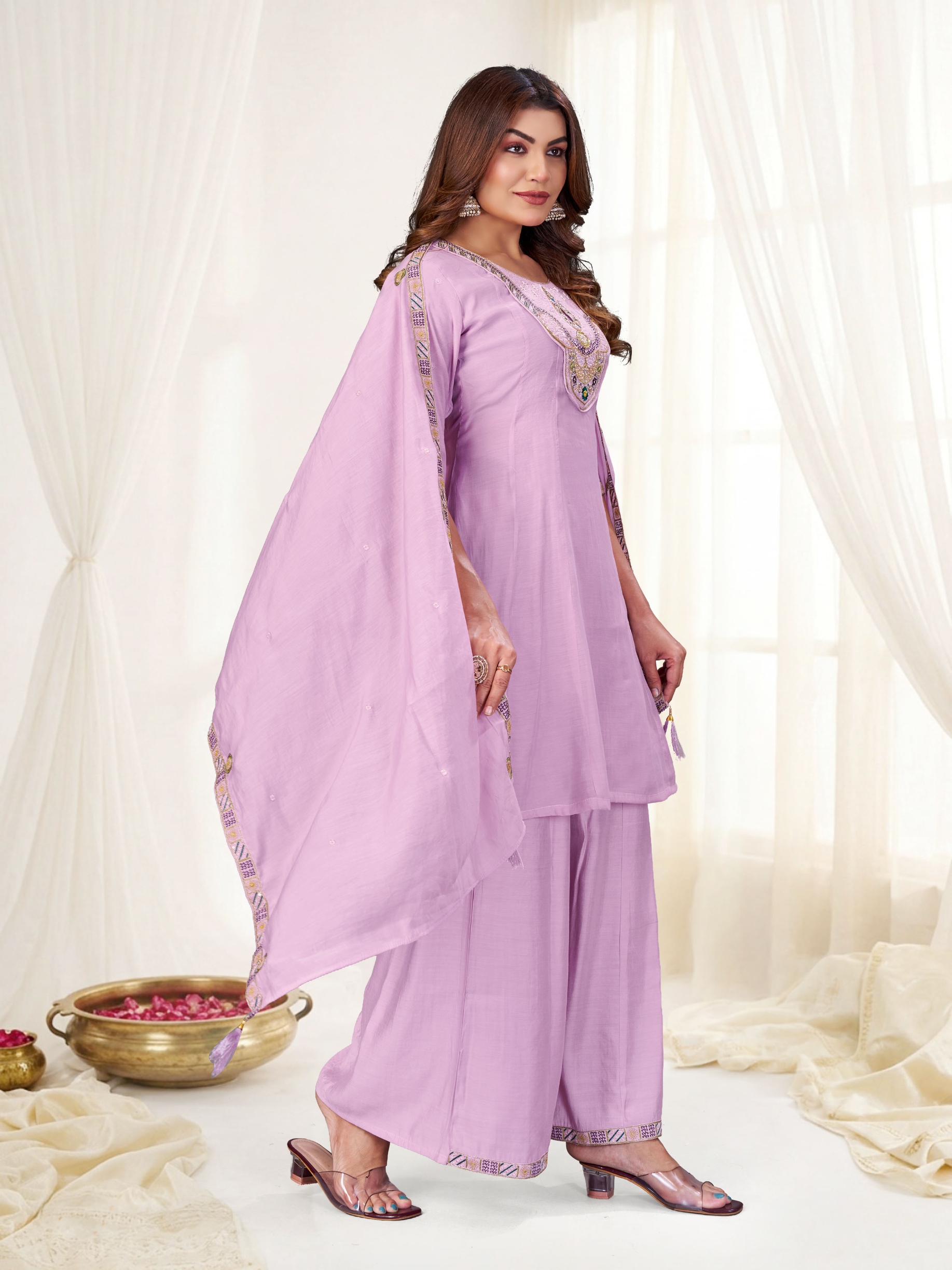 Lavender Multi-Thread Embroidery Mal Chenderi Palazzo Suit — alternate view