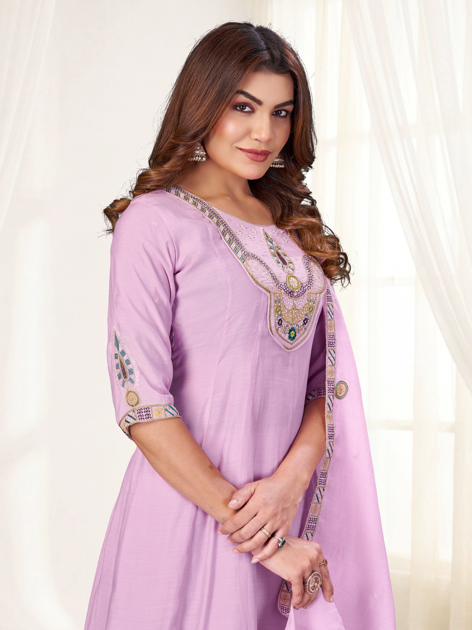 Lavender Multi-Thread Embroidery Mal Chenderi Palazzo Suit