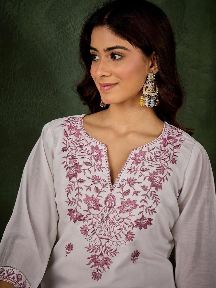 Lavender N Off White Roman Silk Kurti — alternate view