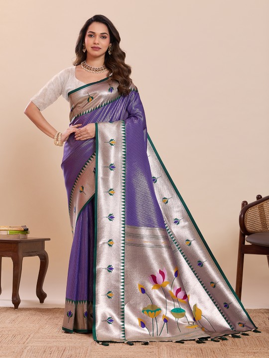 Lavender Off White Zari Designer Soft Silk Saree