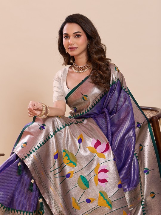 Lavender Off White Zari Designer Soft Silk Saree
