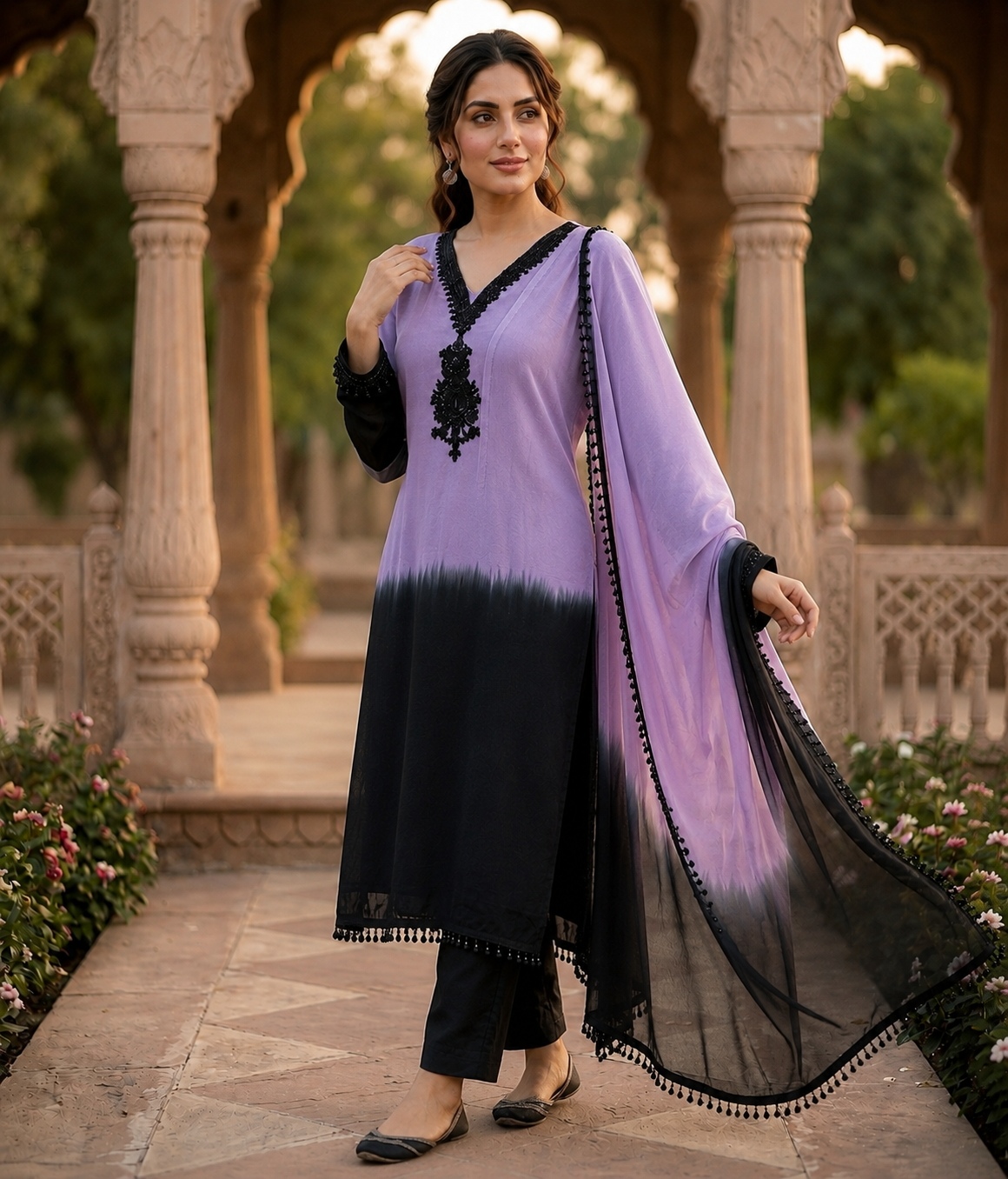 Lavender Ombre Beads Embroidery Crepe Silk Anarkali Suit