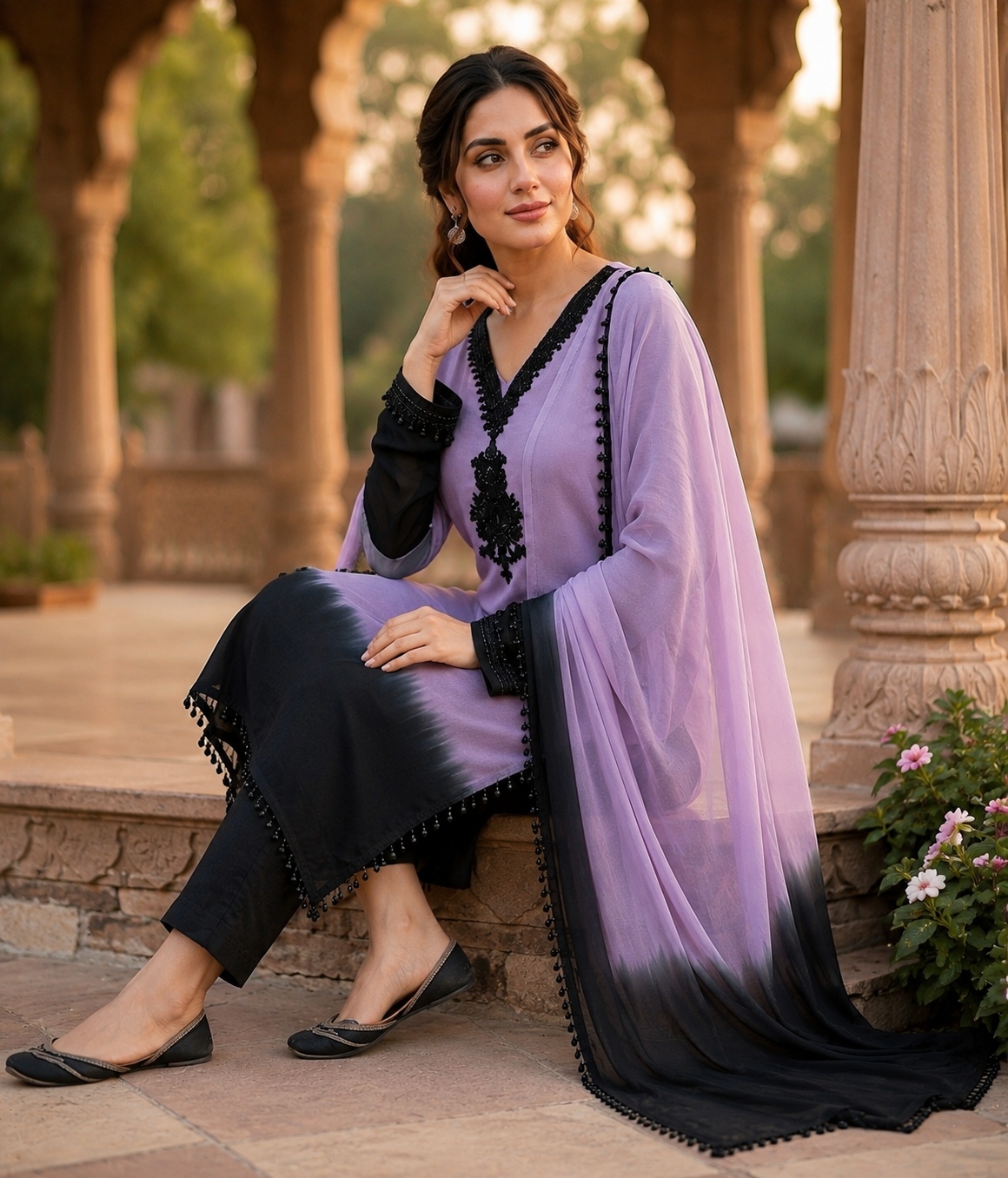Lavender Ombre Beads Embroidery Crepe Silk Anarkali Suit