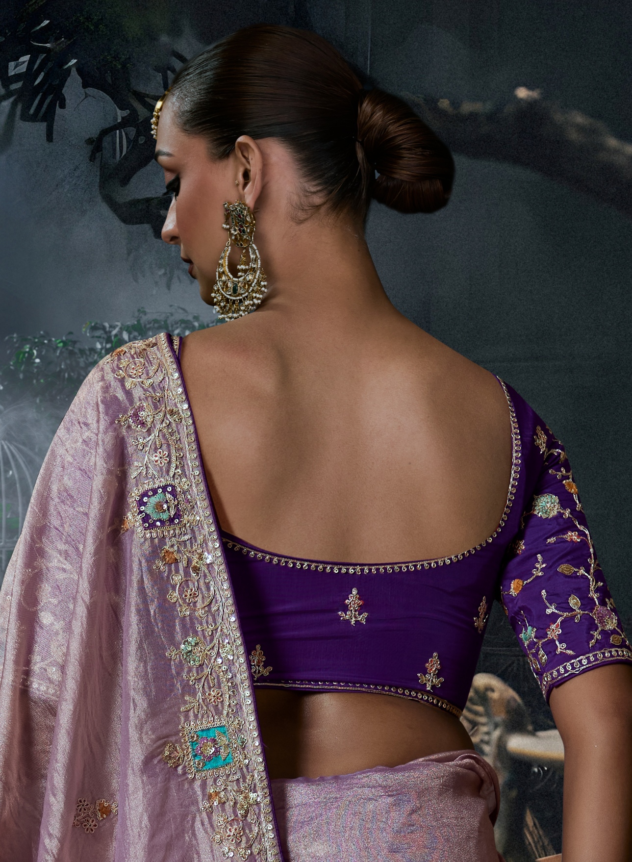 Lavender Ombre Heavy Thread Embroidery Tissue Silk Saree — alternate view