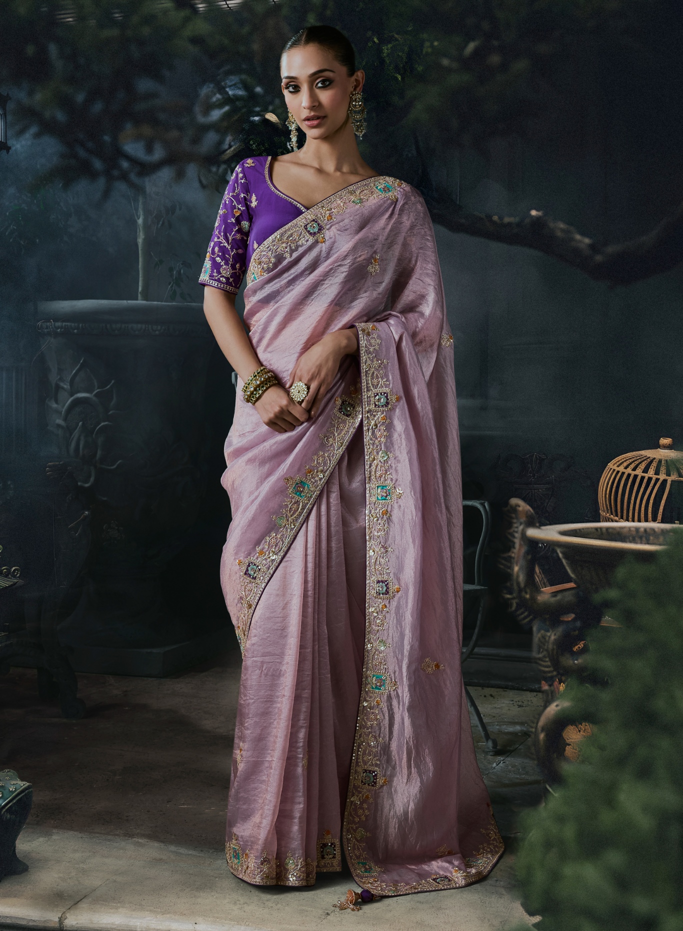 Lavender Ombre Heavy Thread Embroidery Tissue Silk Saree