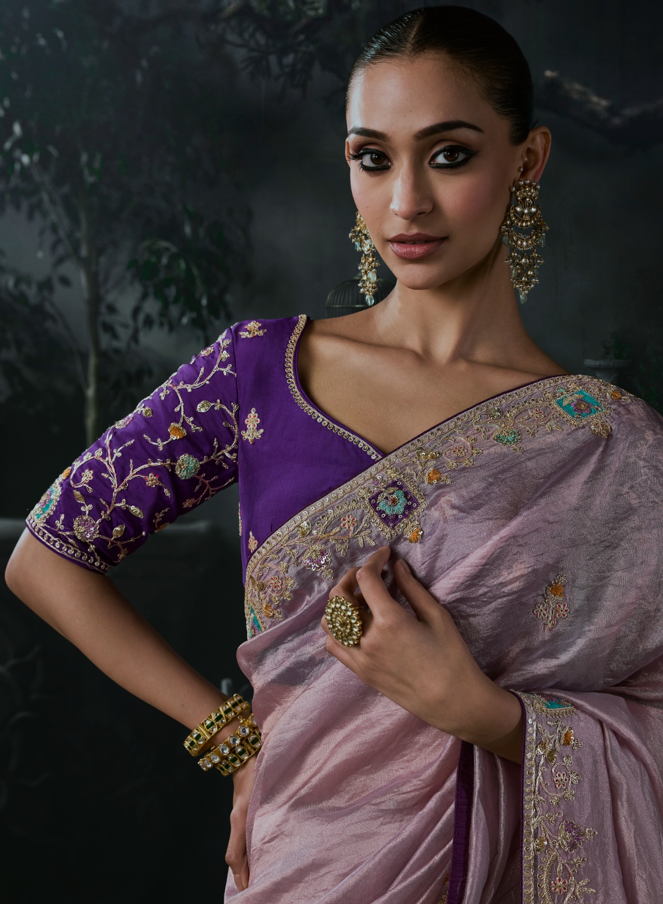 Lavender Ombre Heavy Thread Embroidery Tissue Silk Saree