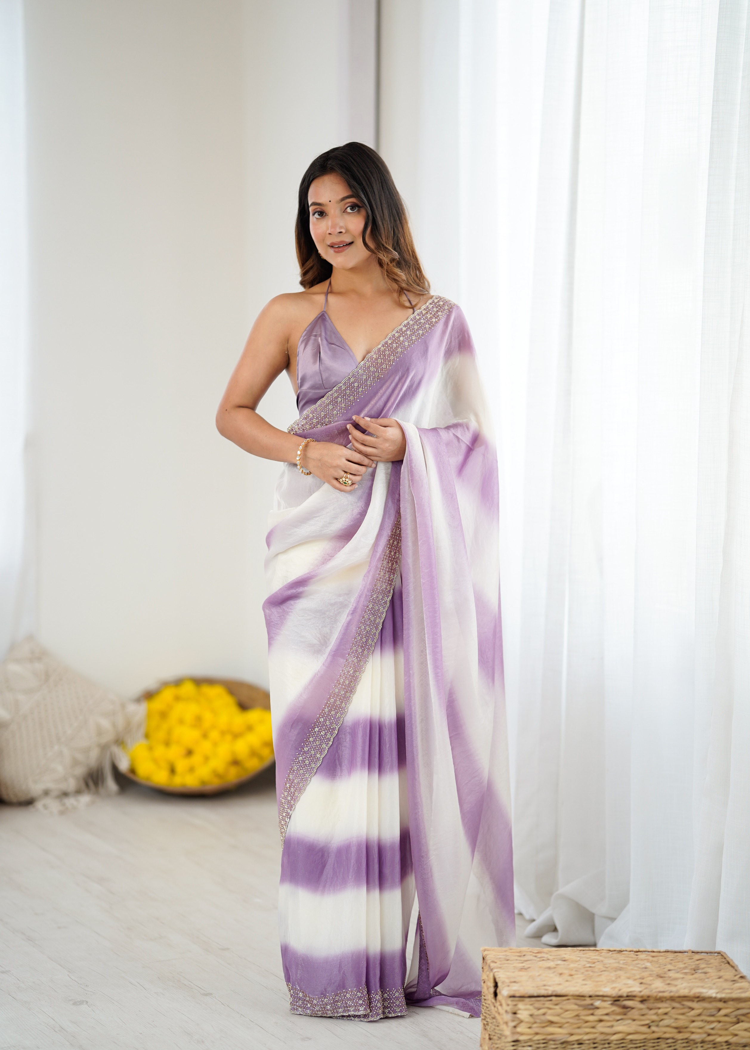 Lavender Ombre Zarkan Diamond Border Fendi Satin Saree
