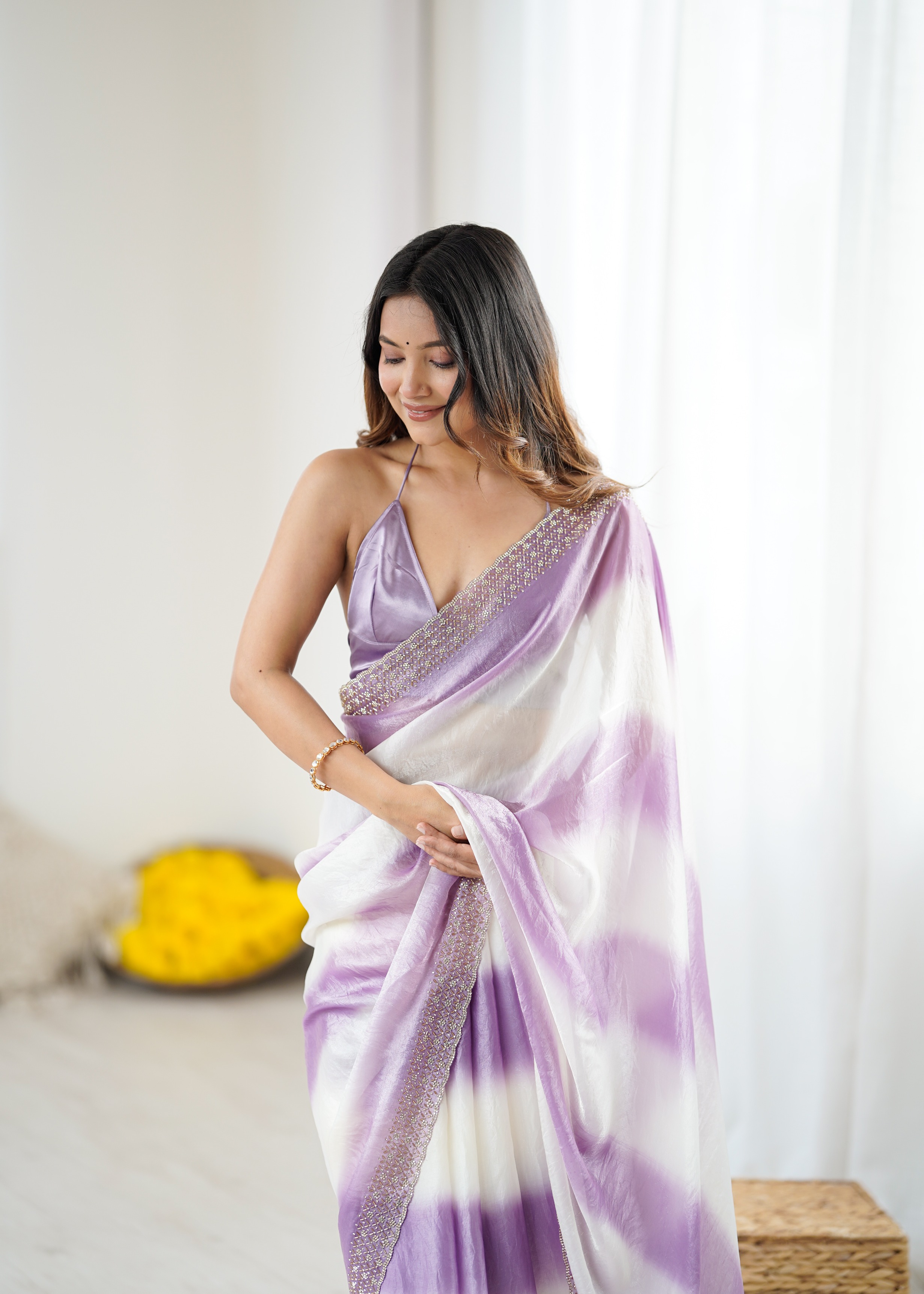 Lavender Ombre Zarkan Diamond Border Fendi Satin Saree