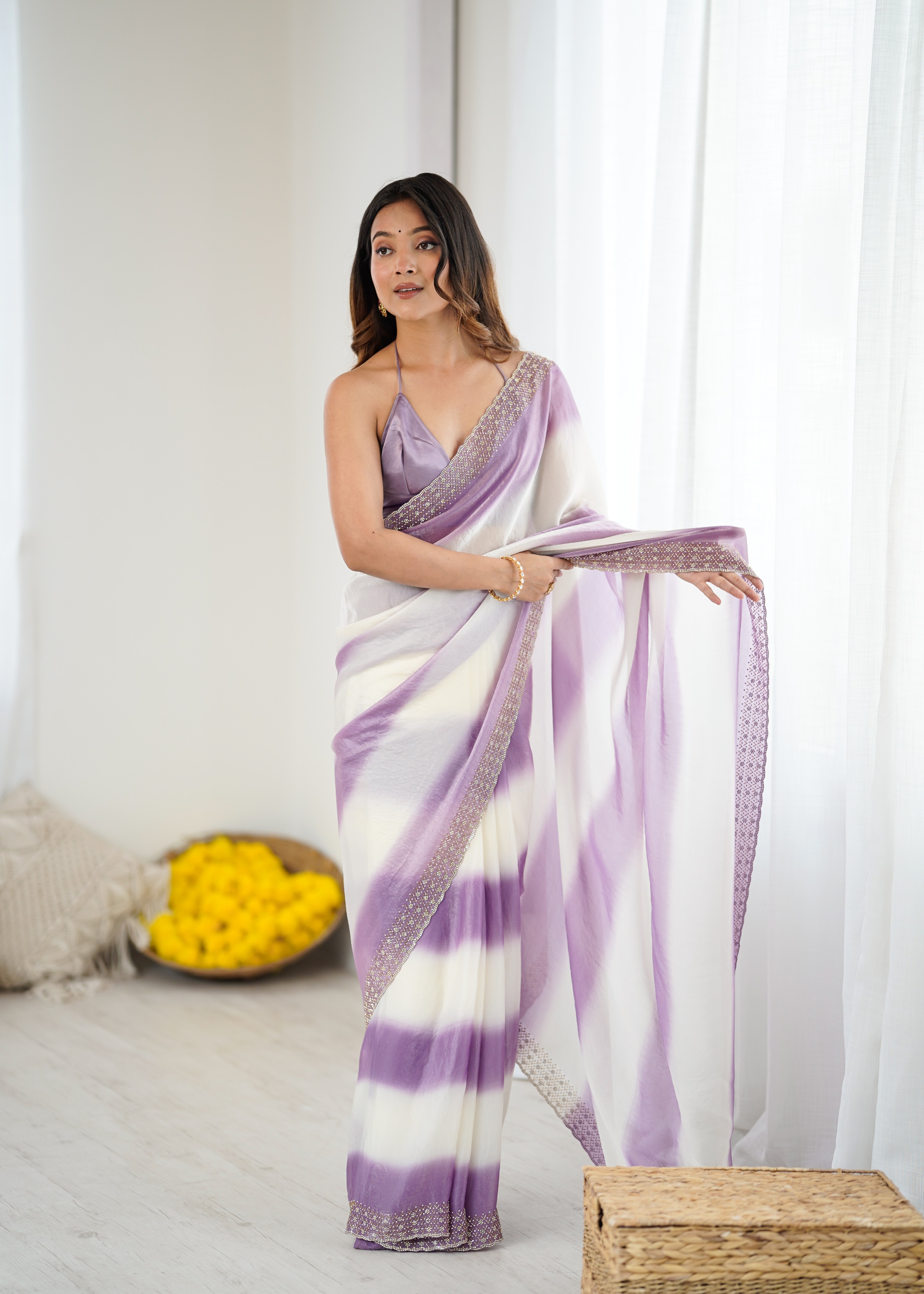 Lavender Ombre Zarkan Diamond Border Fendi Satin Saree
