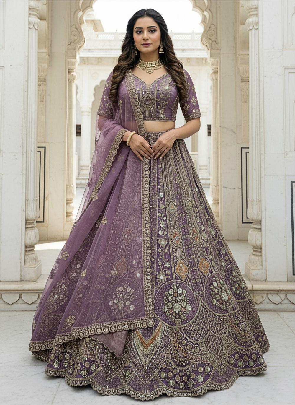 Lavender Organza Embroidered Lehenga Choli
