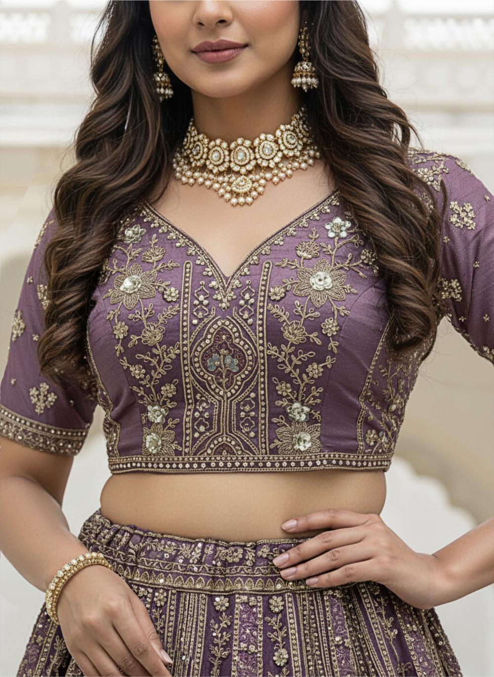 Lavender Organza Embroidered Lehenga Choli