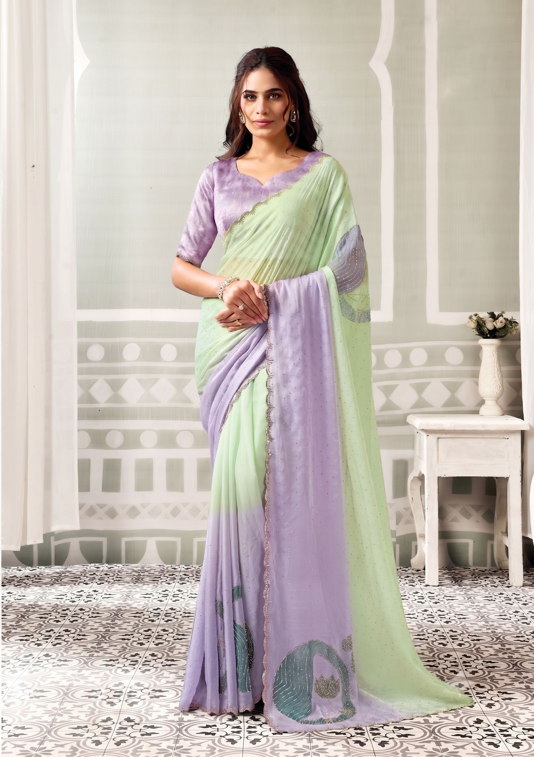 Lavender Organza Satin Embroidered Saree