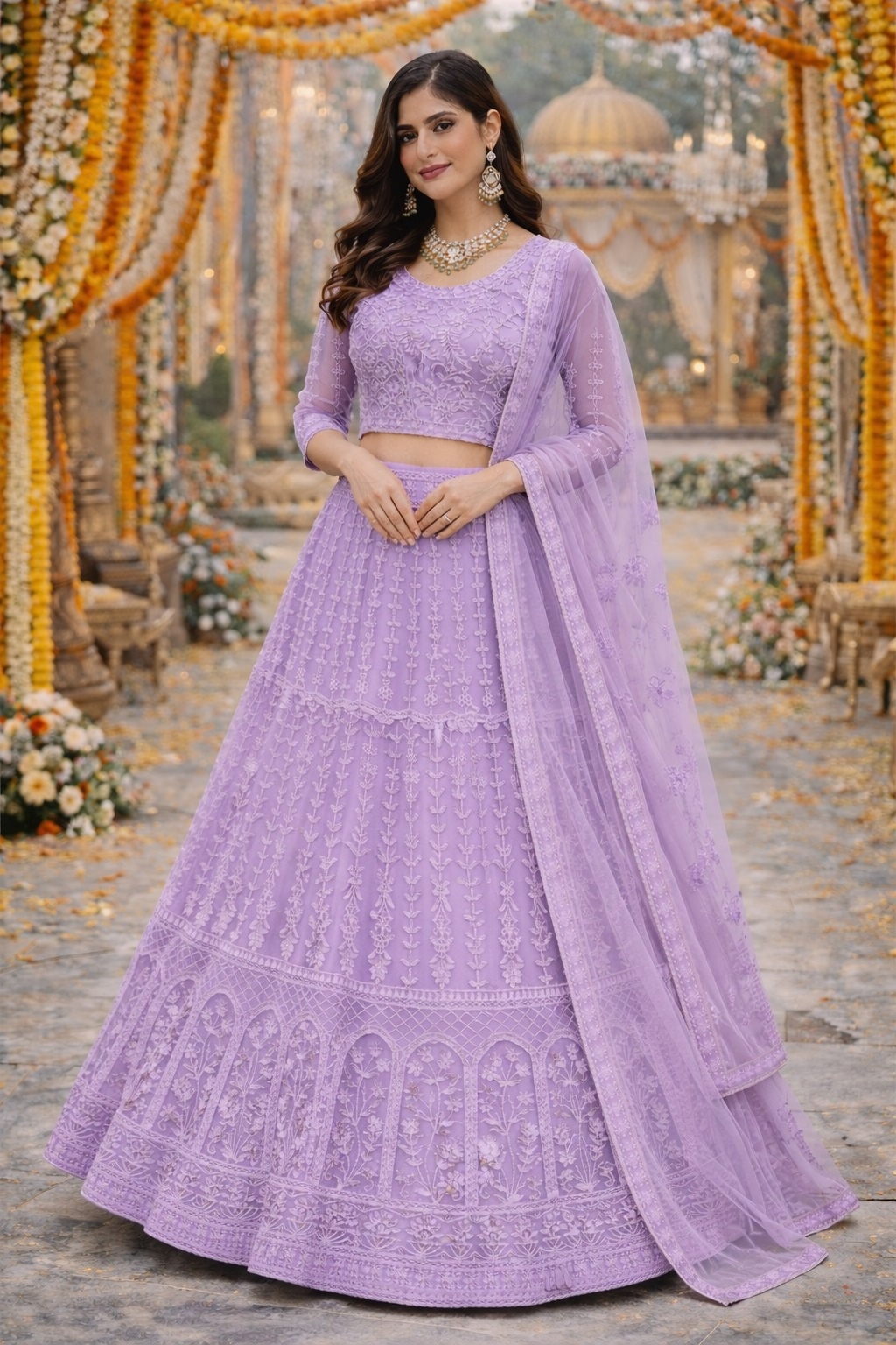Lavender Ornamental Threadwork Net Lehenga Choli
