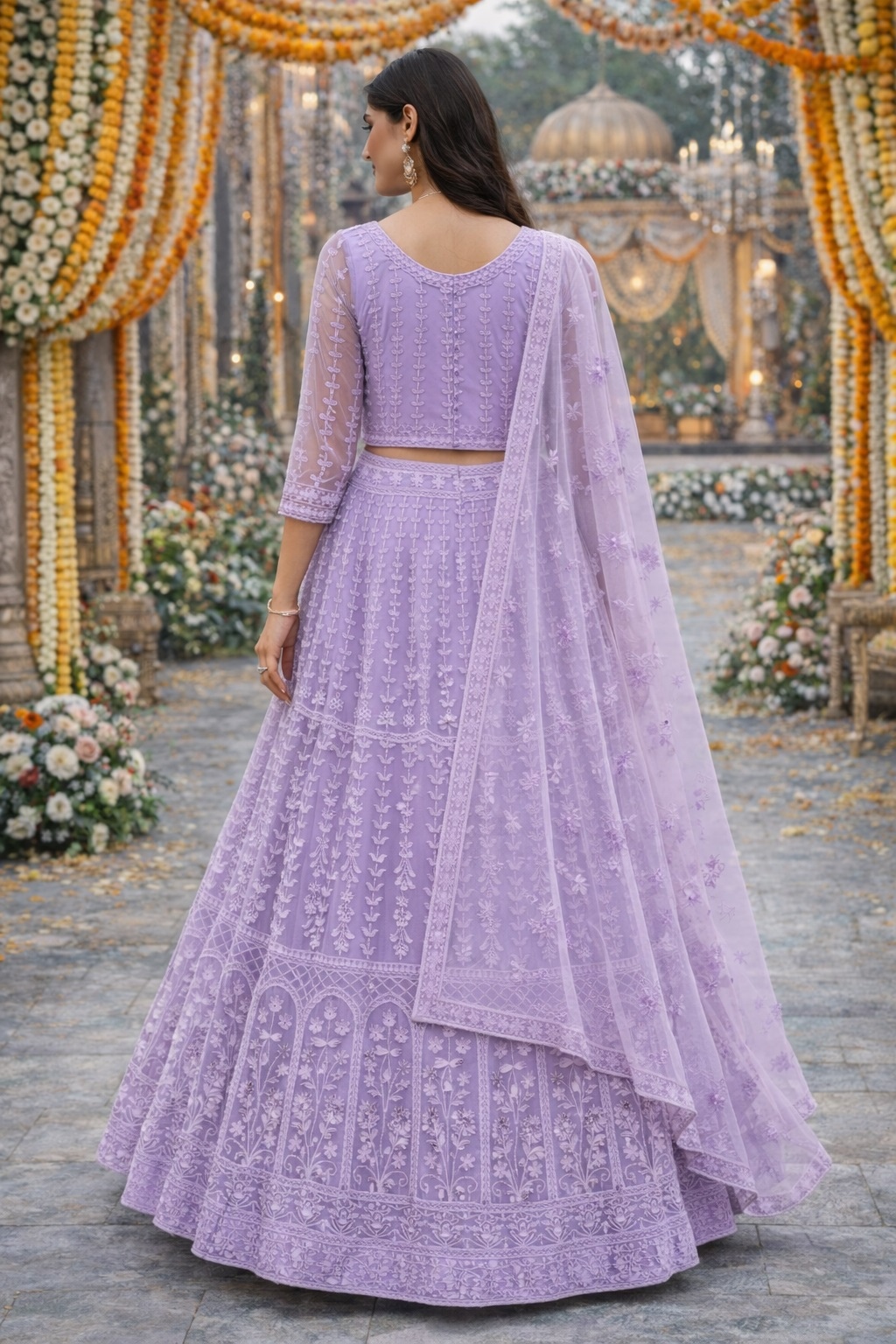 Lavender Ornamental Threadwork Net Lehenga Choli — alternate view