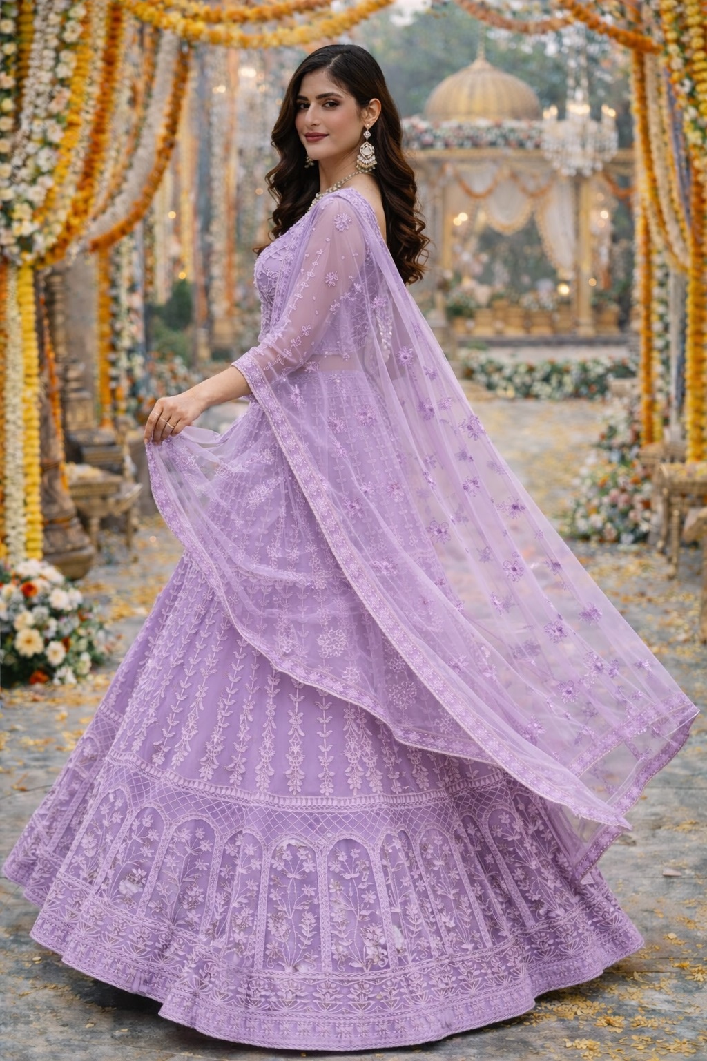 Lavender Ornamental Threadwork Net Lehenga Choli