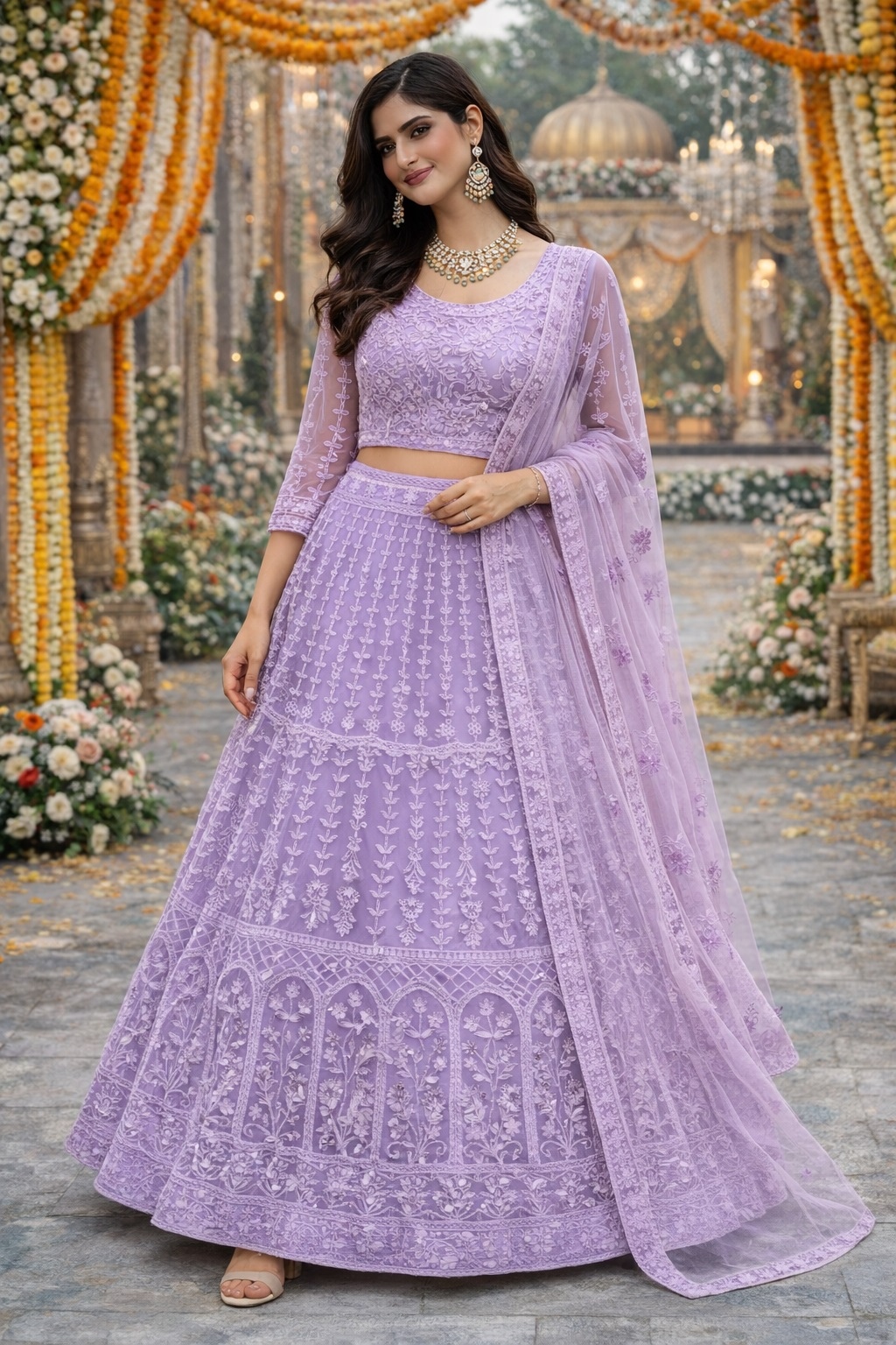 Lavender Ornamental Threadwork Net Lehenga Choli
