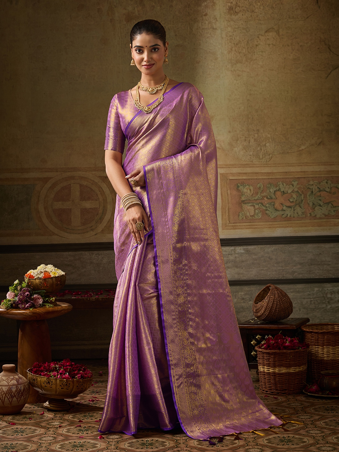 Lavender Paisley Zari Work Kanchivaram Silk Saree