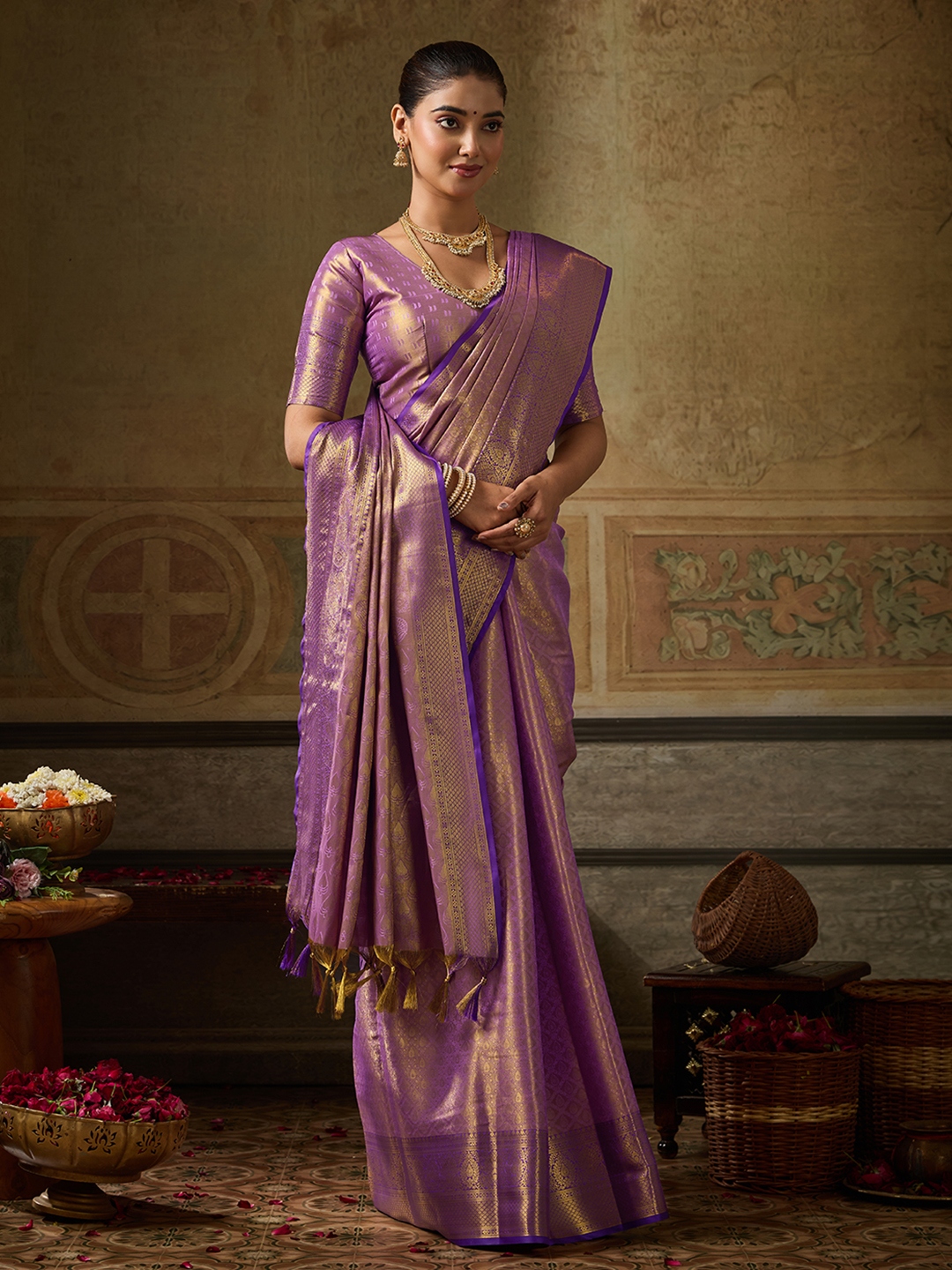 Lavender Paisley Zari Work Kanchivaram Silk Saree