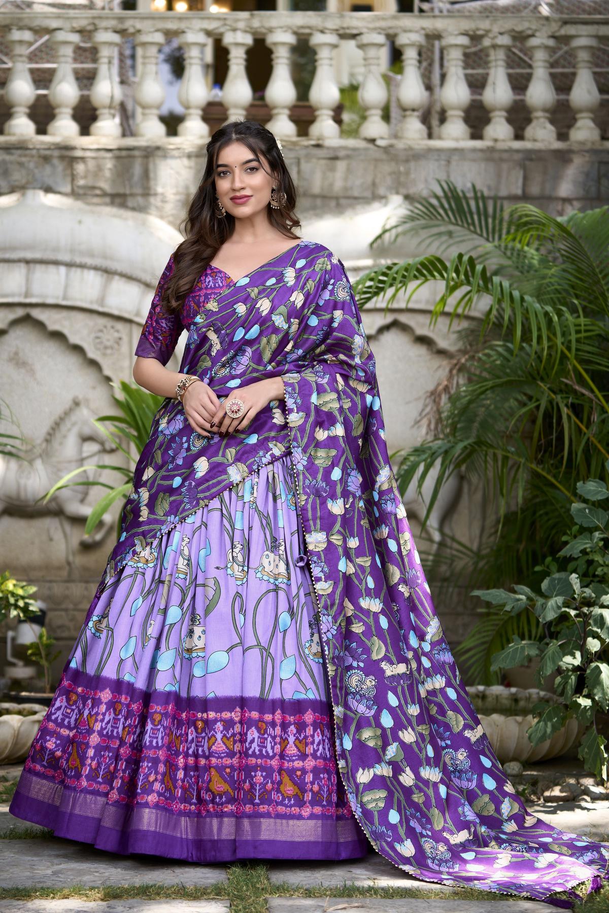 Lavender Patola Printed Tussar Silk Lehenga Choli
