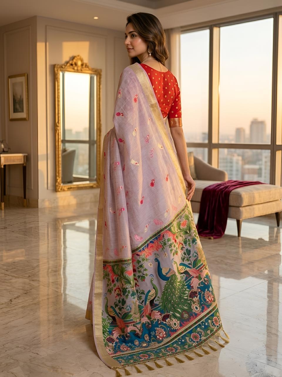 Lavender Peacock Kalamkari Woven Cotton Silk Saree — alternate view