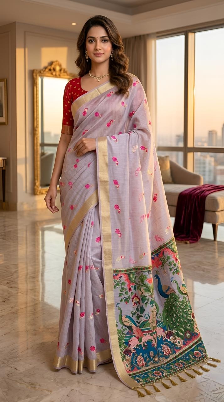 Lavender Peacock Motif Cotton Saree
