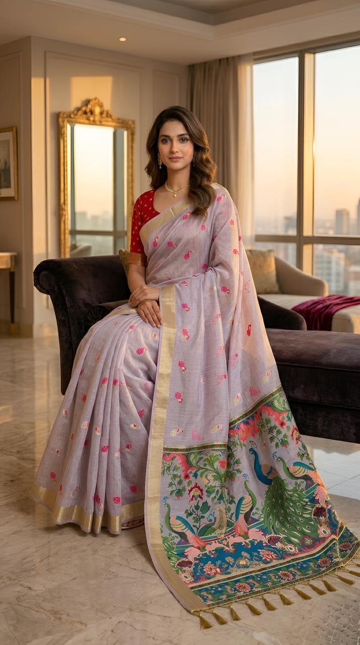 Lavender Peacock Motif Cotton Saree
