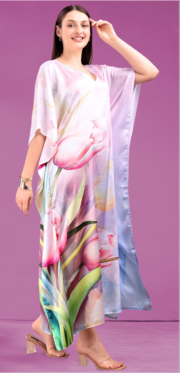 Lavender Pink Tulip Floral Printed Poly Japan Satin Kaftan