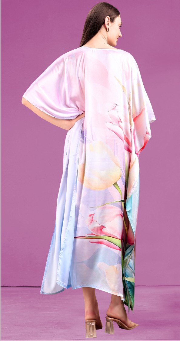 Lavender Pink Tulip Floral Printed Poly Japan Satin Kaftan — alternate view