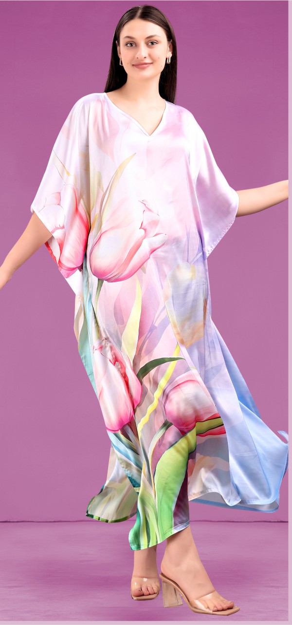 Lavender Pink Tulip Floral Printed Poly Japan Satin Kaftan