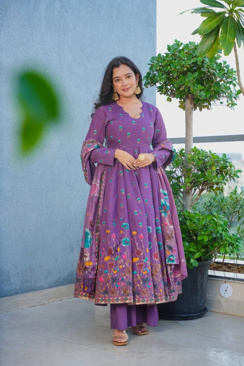 Lavender Printed Muslin Anarkali Salwar Suit