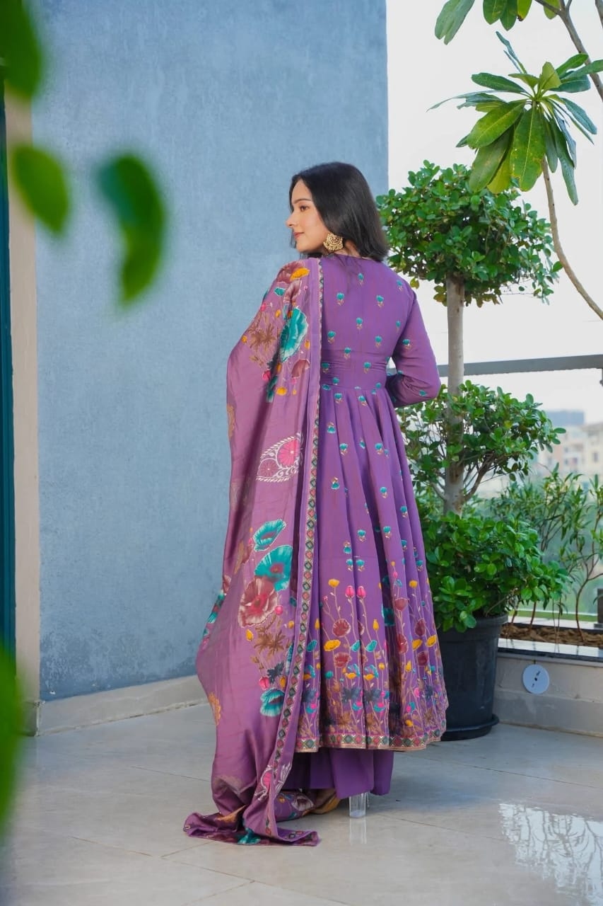 Lavender Printed Muslin Anarkali Salwar Suit — alternate view