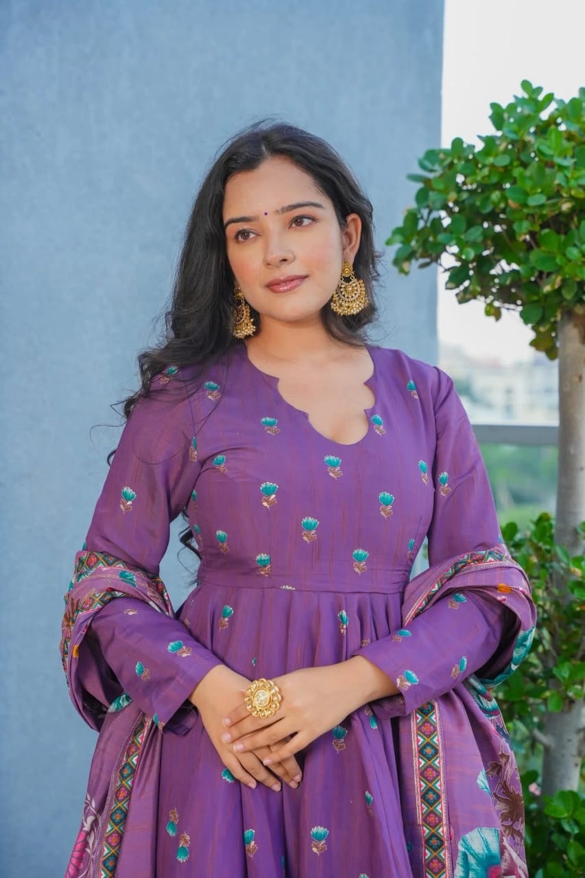 Lavender Printed Muslin Anarkali Salwar Suit