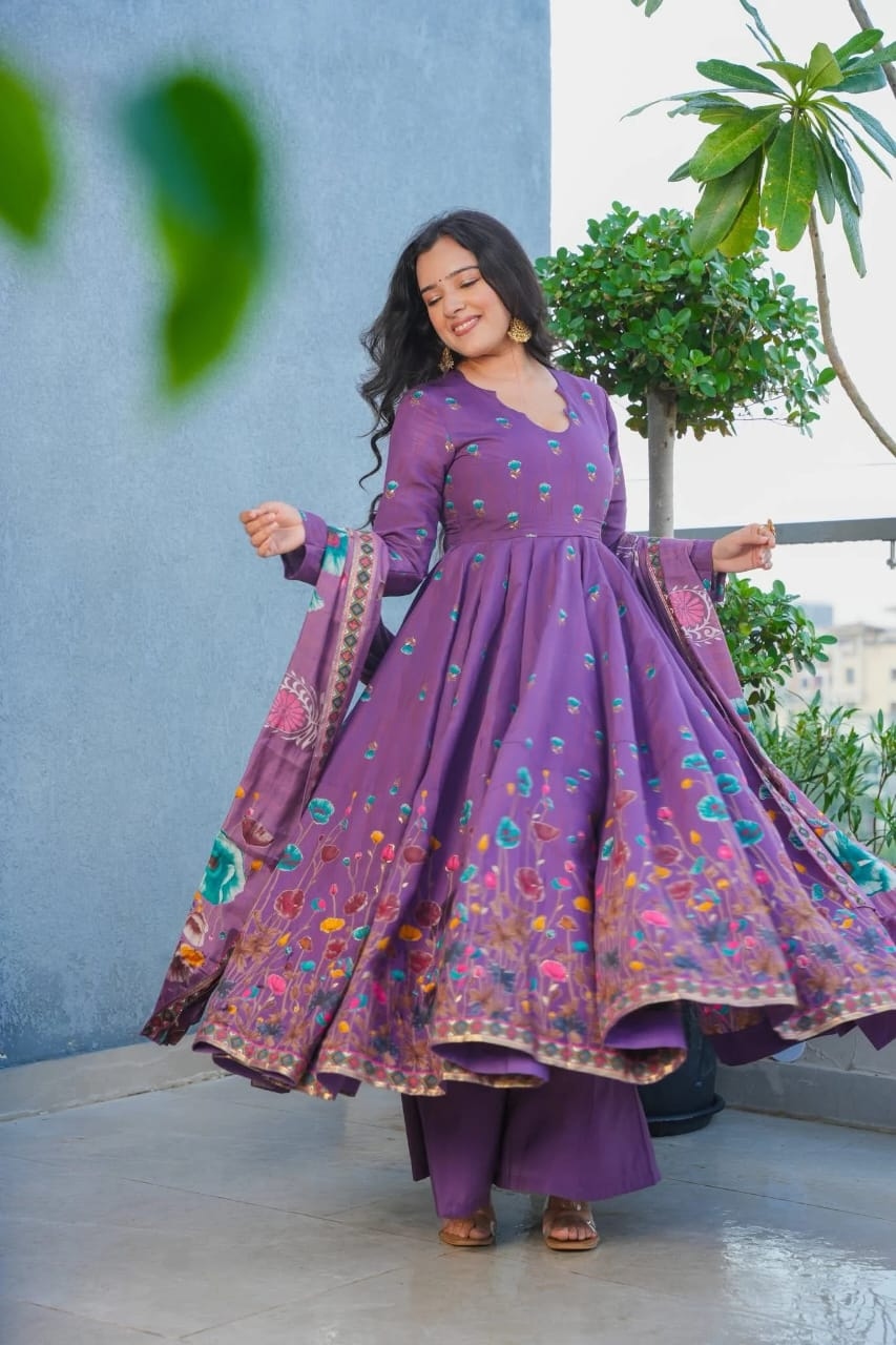 Lavender Printed Muslin Anarkali Salwar Suit