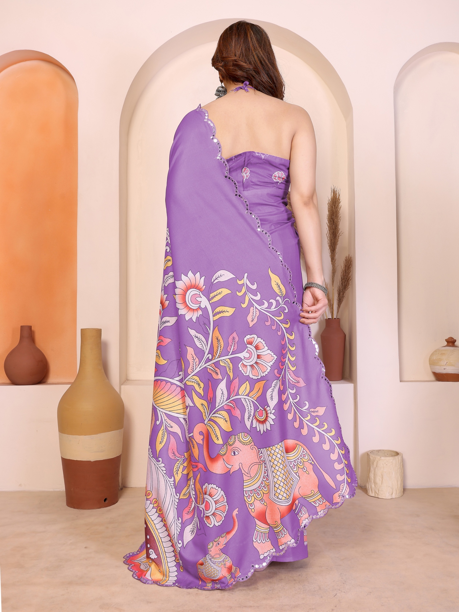Lavender Purple Kalamkari Digital Print Manipuri Silk Party Wear Saree