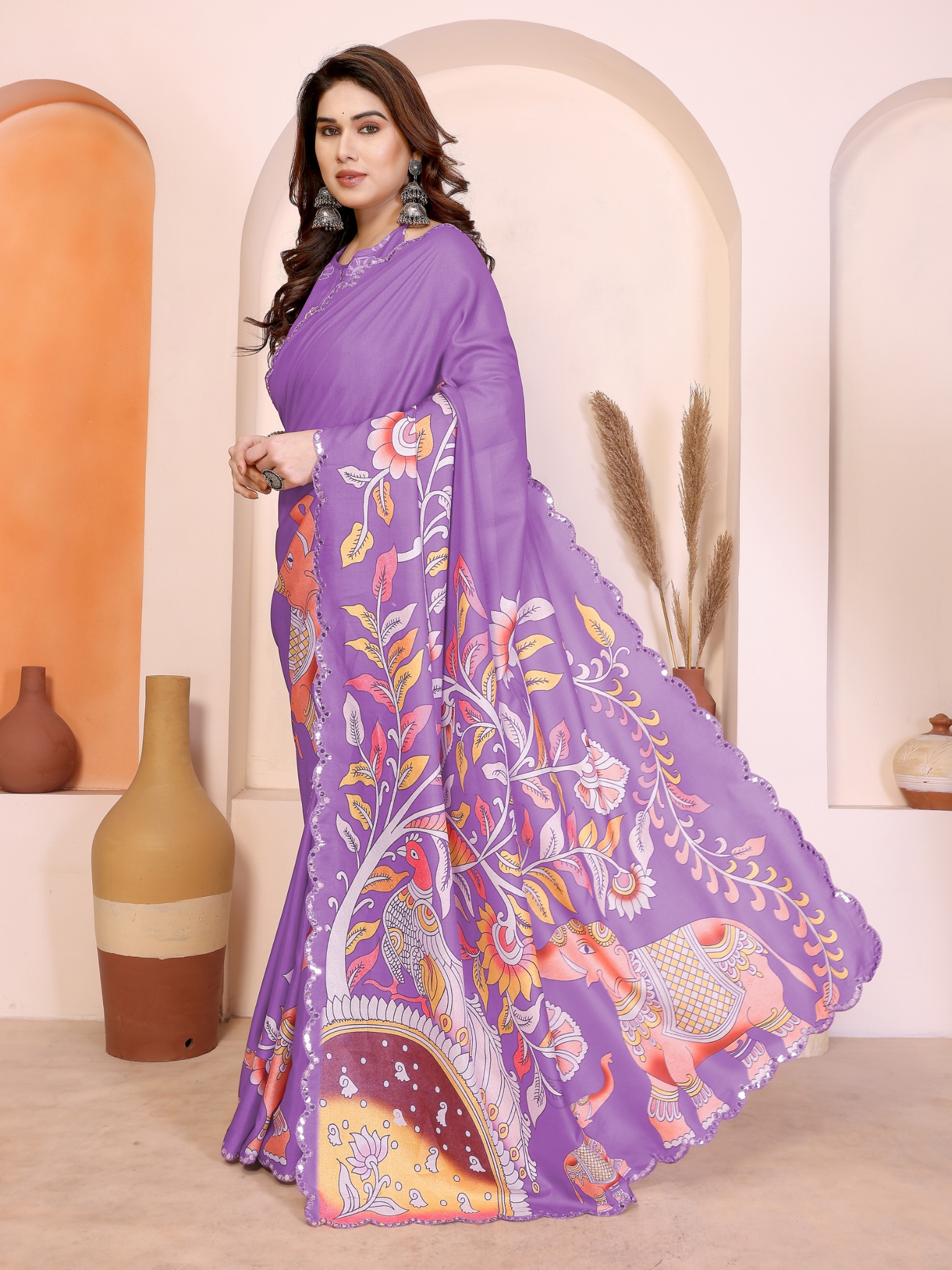 Lavender Purple Kalamkari Digital Print Manipuri Silk Party Wear Saree