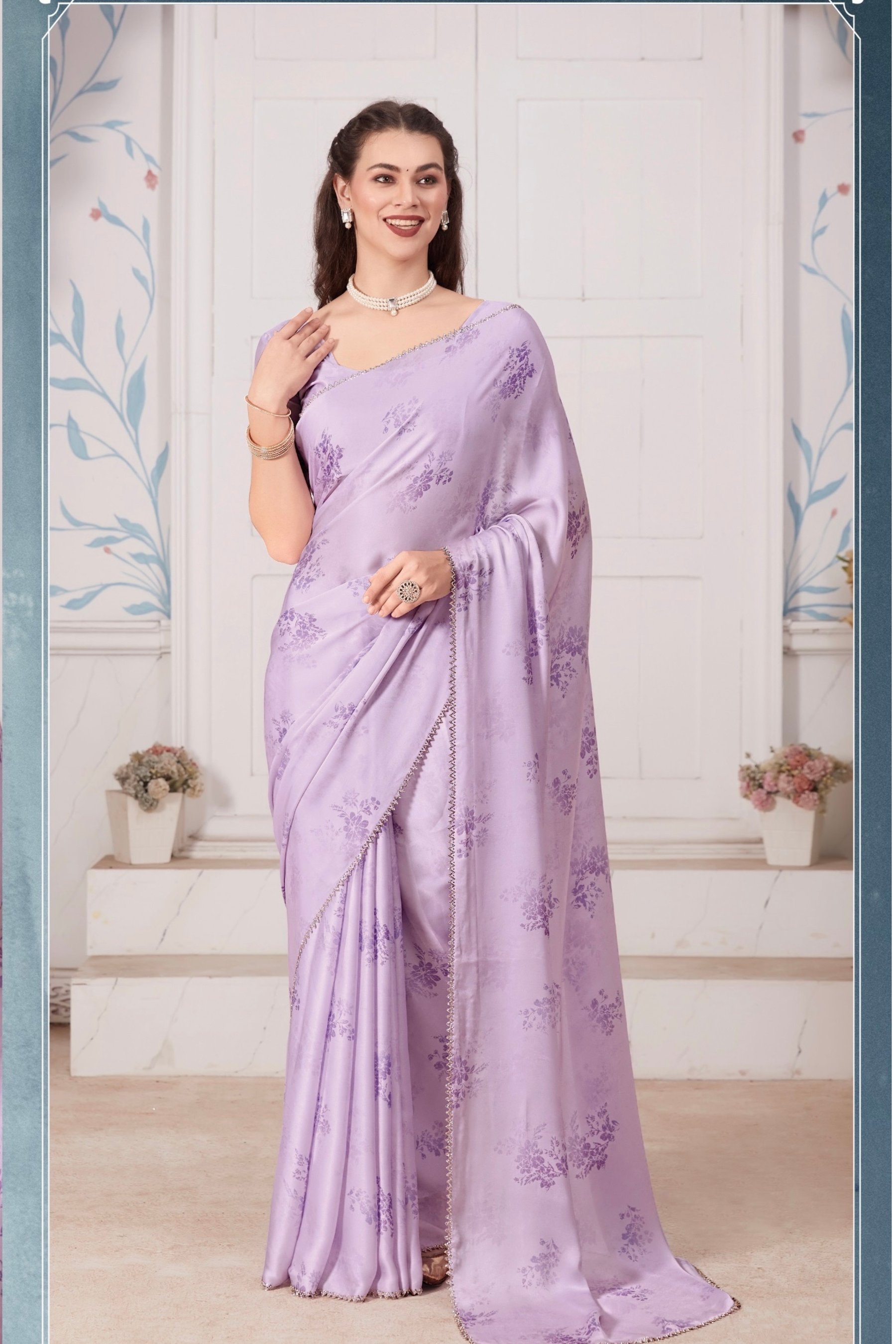 Lavender Satin Floral Print Saree with Zircon Border